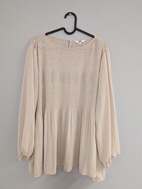 Uniqlo Cream Smocked Yoke Long-Sleeve Blouse - Japan Size XL (Fits like US L)